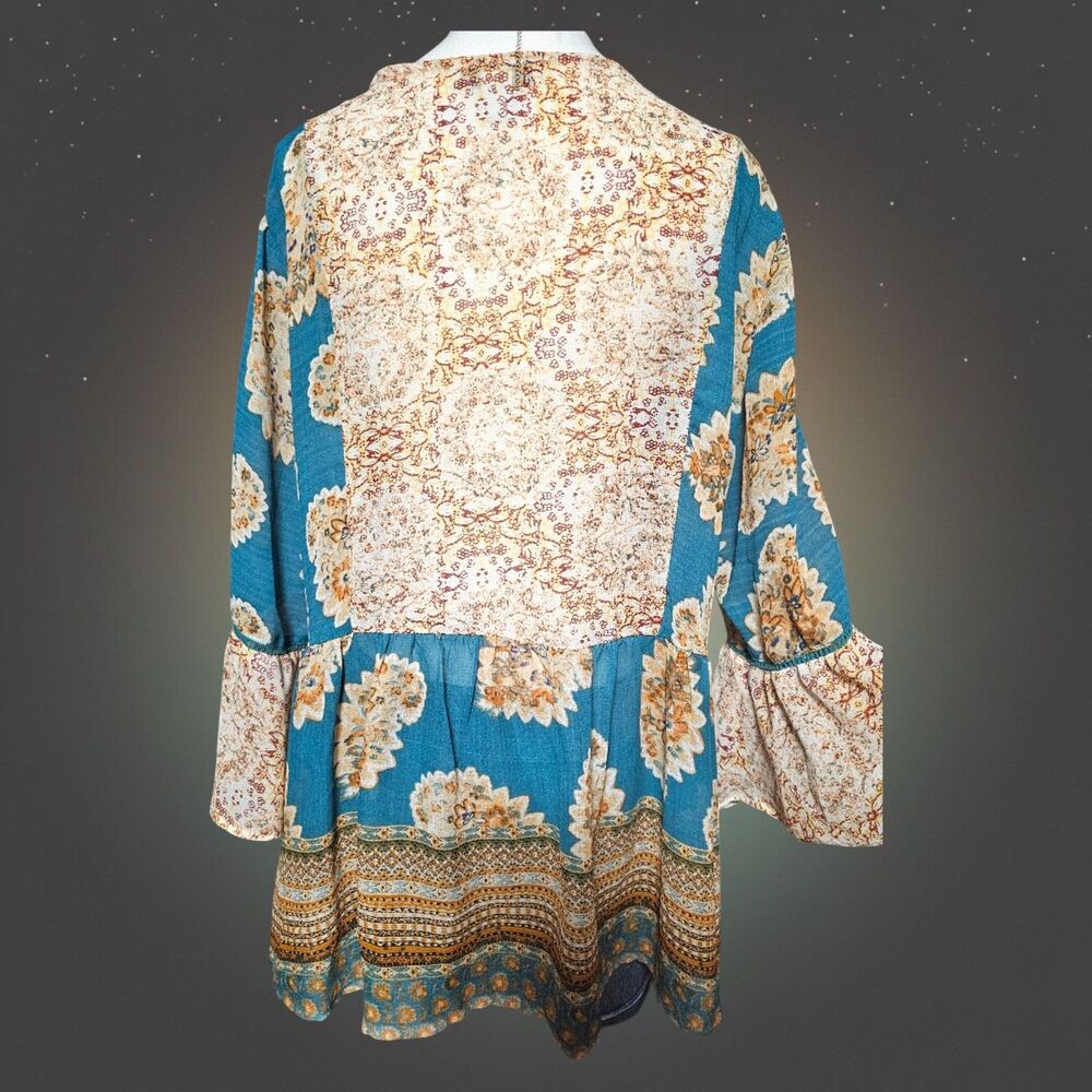 Vintage America Blues XL Peasant Blouse Teal Boho Patchwork Tassel Flowy Top - Picture 2 of 3